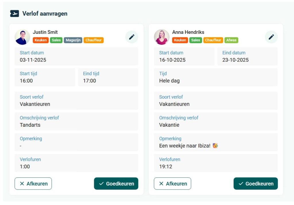 Verlofaanvragen in het dashboard met een aanvraag voor een uur en een aanvraag voor een periode