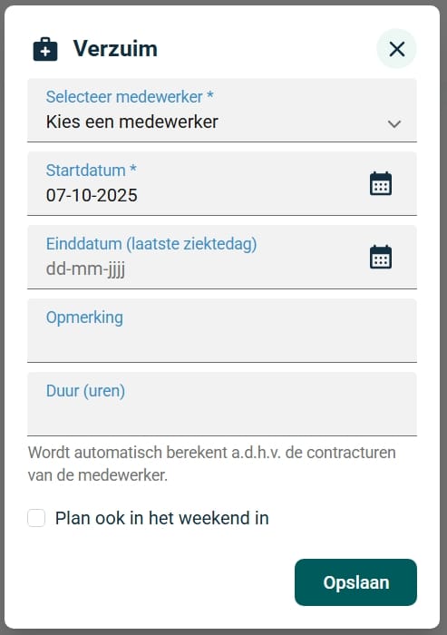 Het venster Verzuim toevoegen met de velden medewerker, start- en einddatum, opmerking en duur