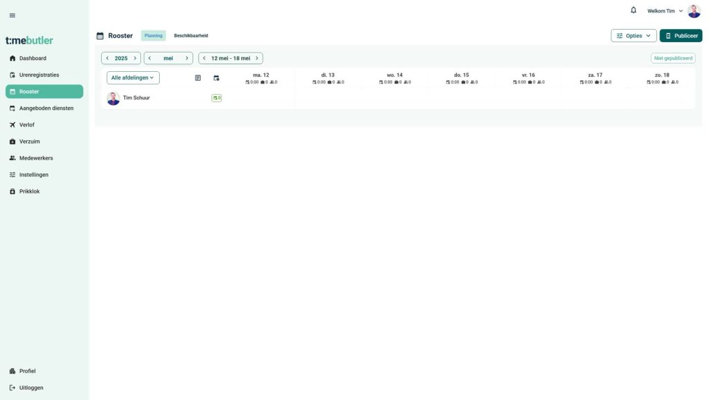 Weekrooster in het dashboard met per medewerker de ingeplande diensten per dag