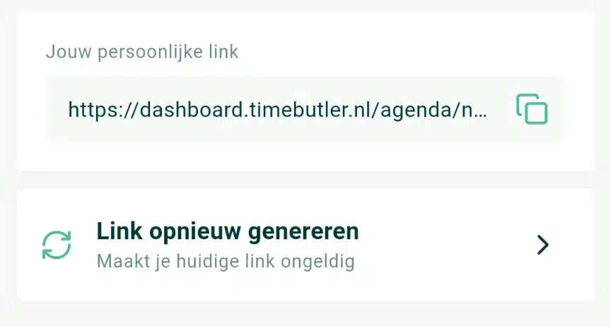 Persoonlijke agendalink in de Timebutler app om je diensten te koppelen