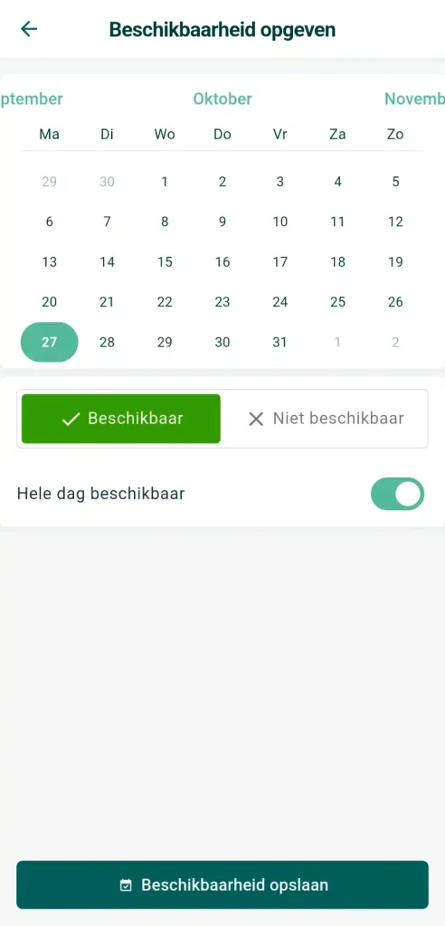 Scherm in de Timebutler app om je beschikbaarheid voor een datum op te slaan