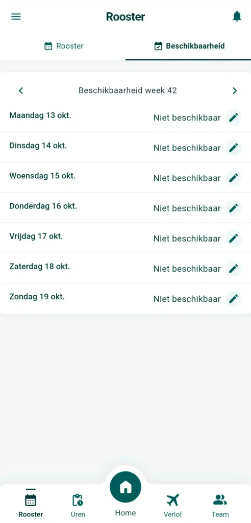 Het tabblad Rooster in de Timebutler app met de beschikbaarheid per dag