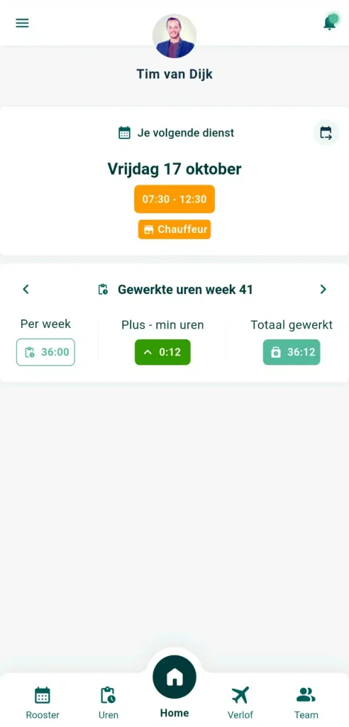 Het home scherm van de Timebutler app met je volgende dienst en je uren