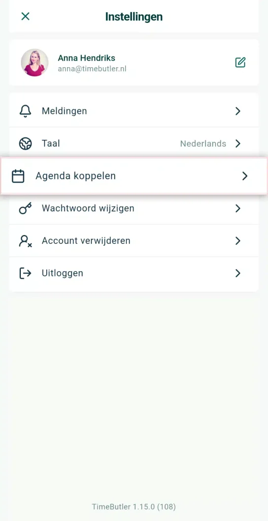 Instellingen in de Timebutler app met de optie Agenda koppelen