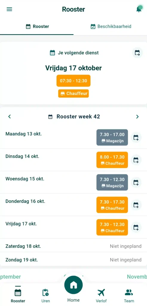 Je eigen weekrooster in het tabblad Rooster van de Timebutler app