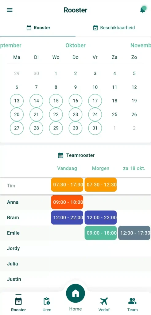 Het teamrooster met de diensten van je collega’s in de Timebutler app