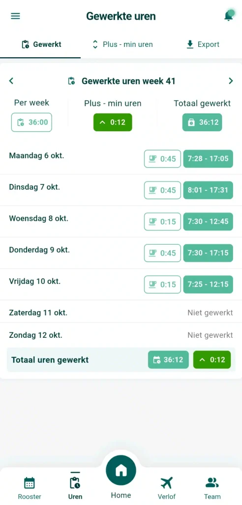 Het tabblad Uren in de Timebutler app met je gewerkte uren per dag