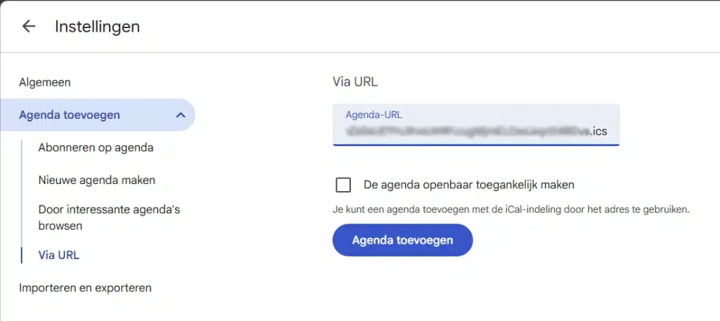 Agenda-URL invoeren in Google Agenda om diensten te koppelen