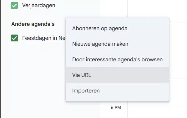 Menu Via URL om een agenda te koppelen in Google Agenda