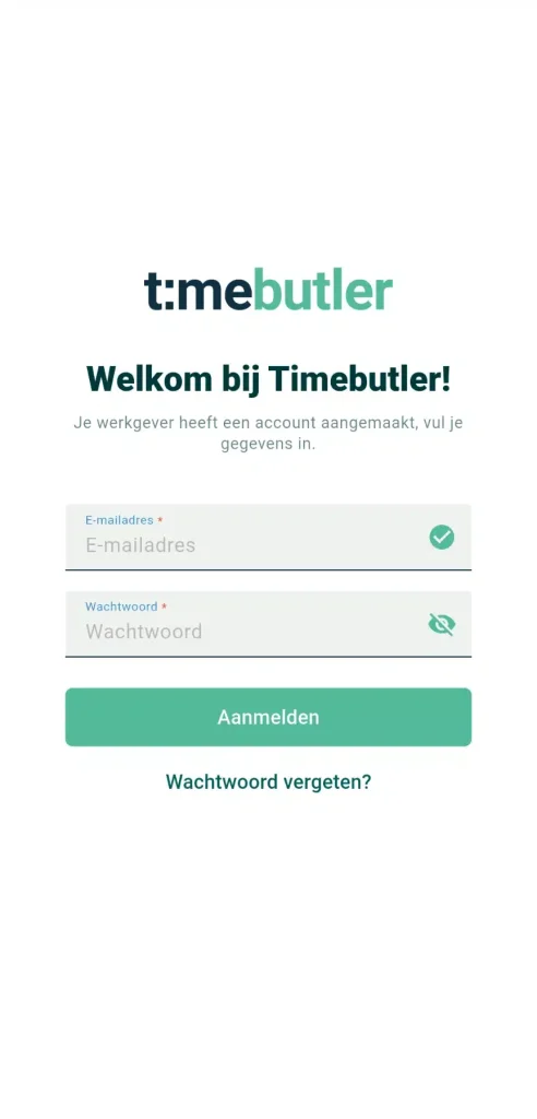 Het inlogscherm van de Timebutler app