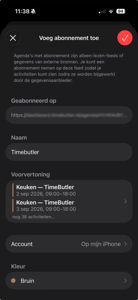 Timebutler diensten in de Agenda-app op iPhone