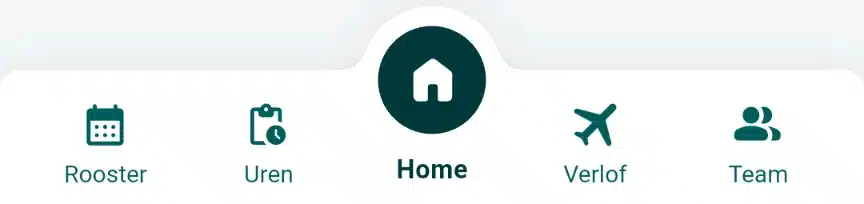 De navigatiebalk onderin de Timebutler app met Rooster, Uren, Home, Verlof en Team