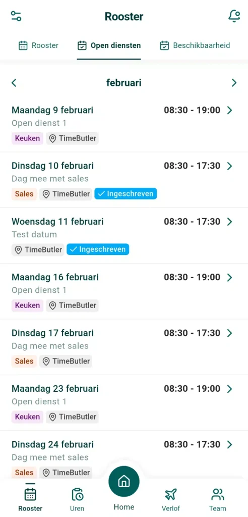 Overzicht van open diensten per maand in de Timebutler app