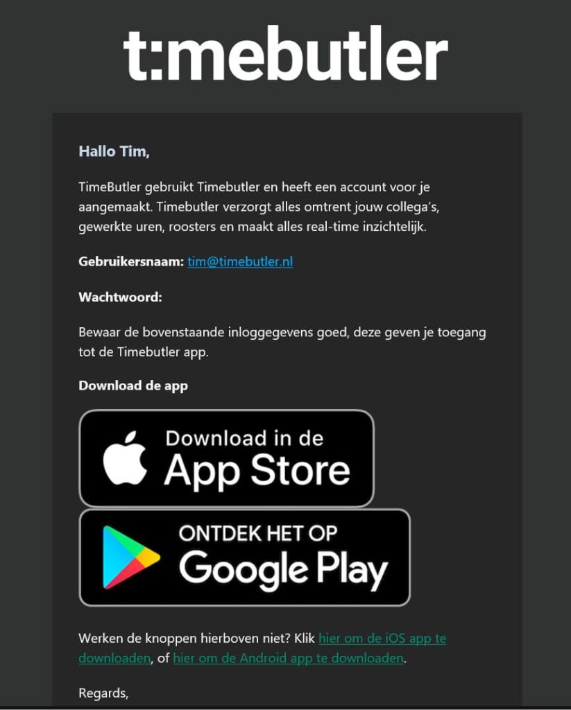 De welkomstmail van Timebutler met inloggegevens en downloadknoppen