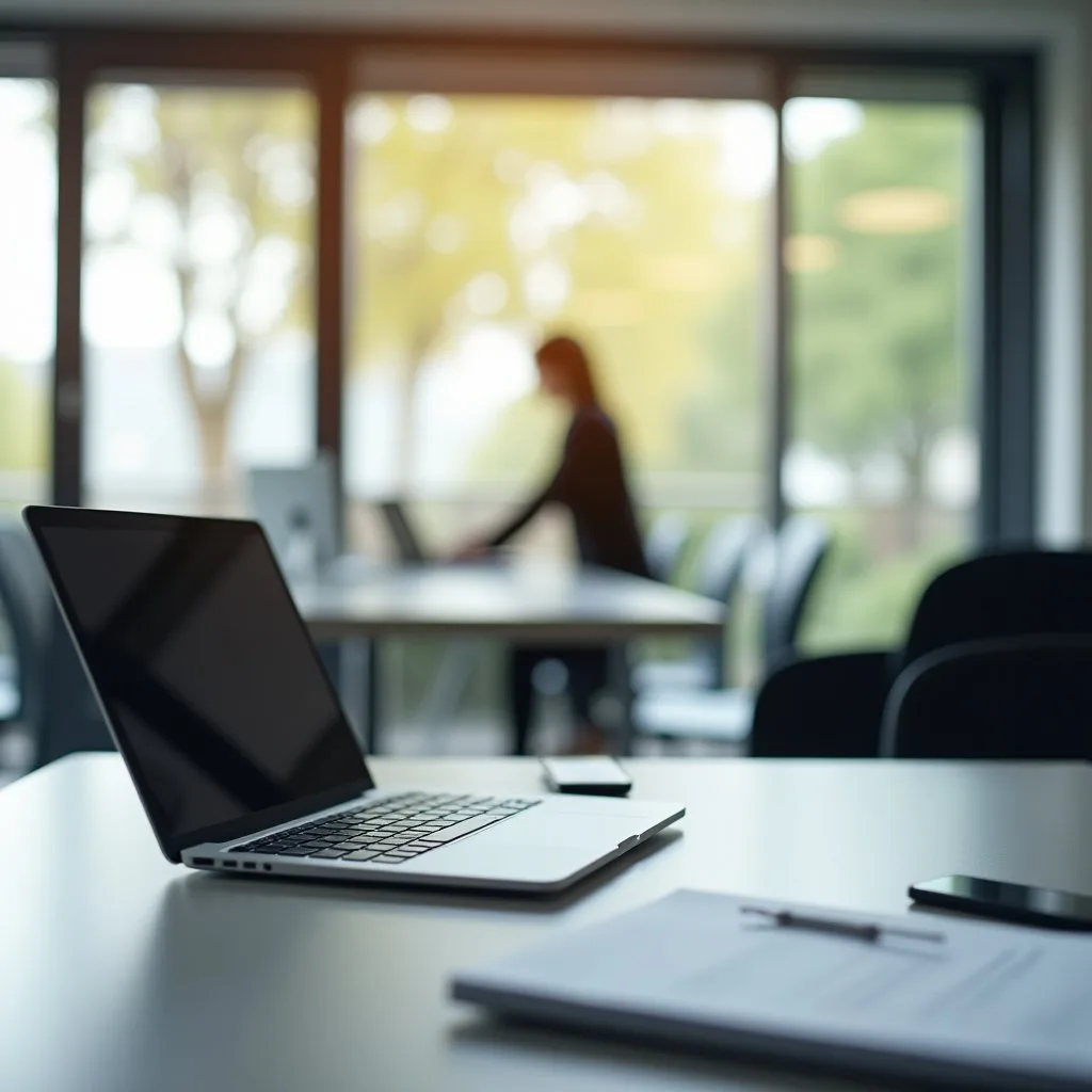 Opengeklapte laptop en een map met papieren op een vergadertafel, op de achtergrond een collega aan een bureau